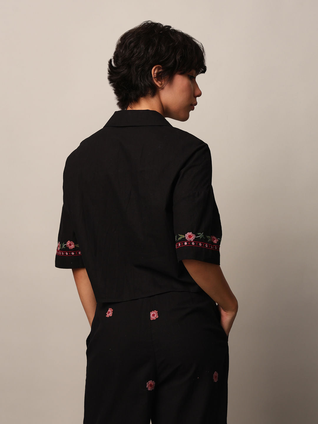 Black Embroidered Co-Ord Set Shirt