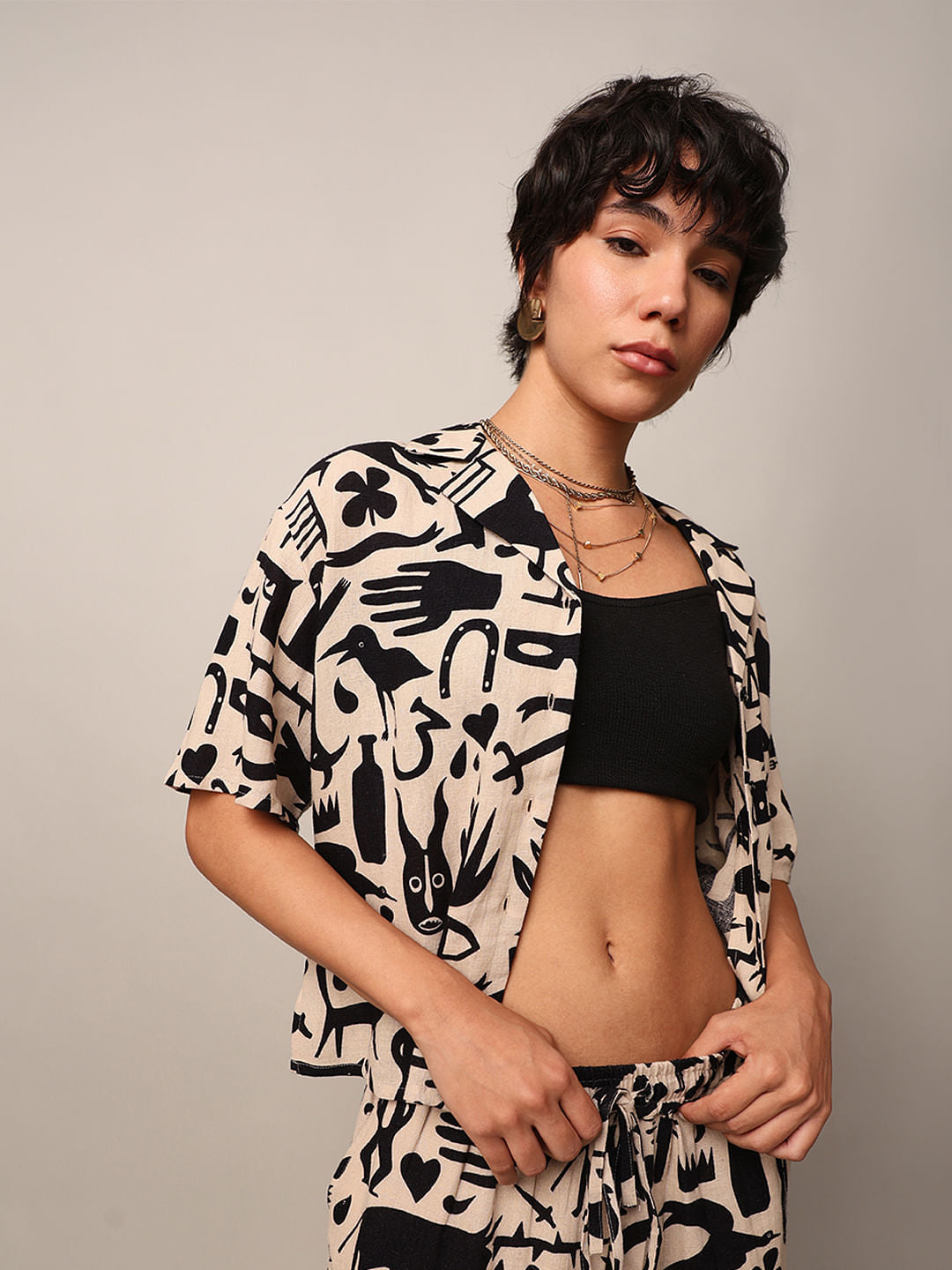 Beige Printed Co-Ord Set Shirt