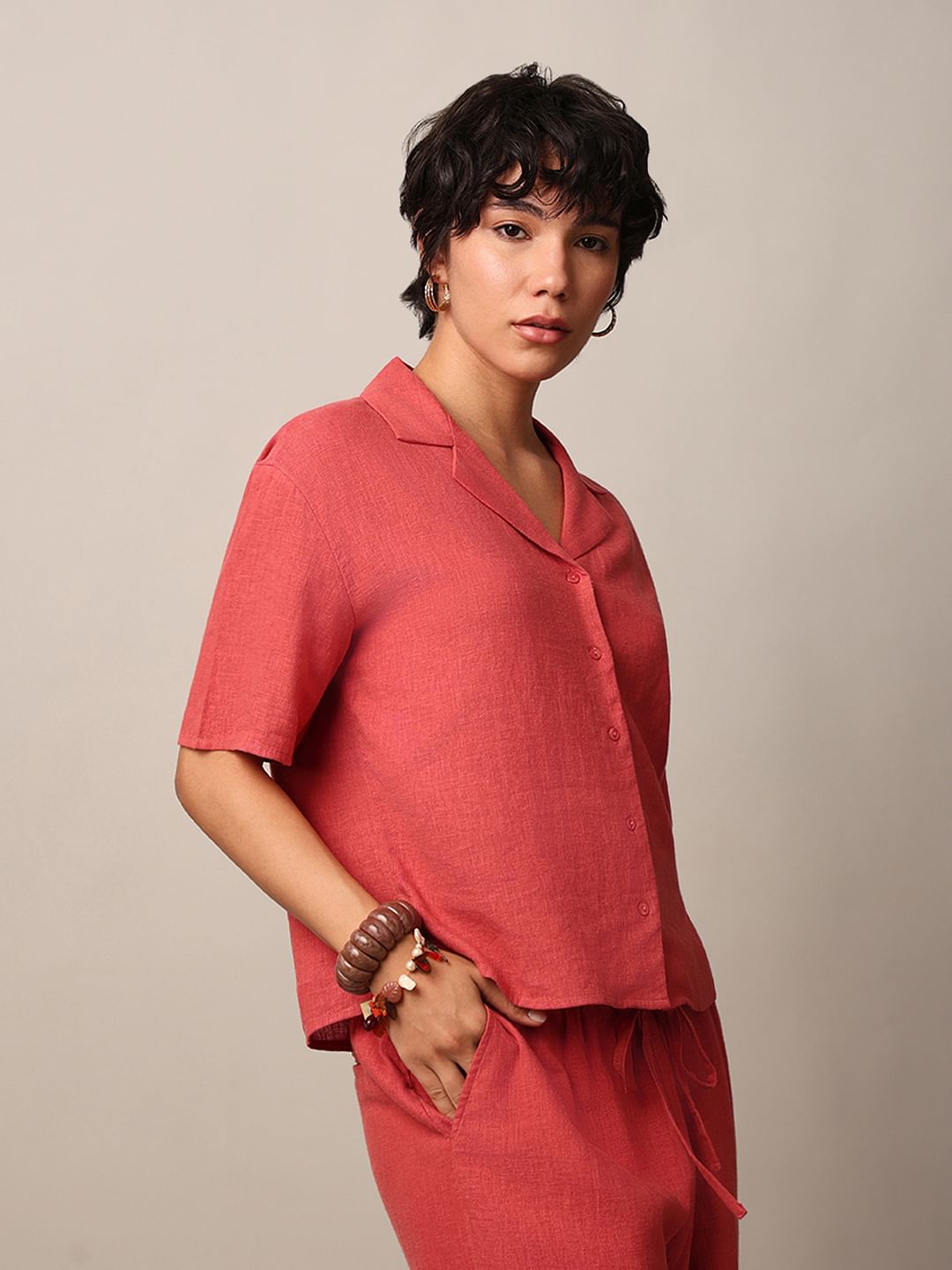 Red Linen Blend Co-Ord Set Shirt