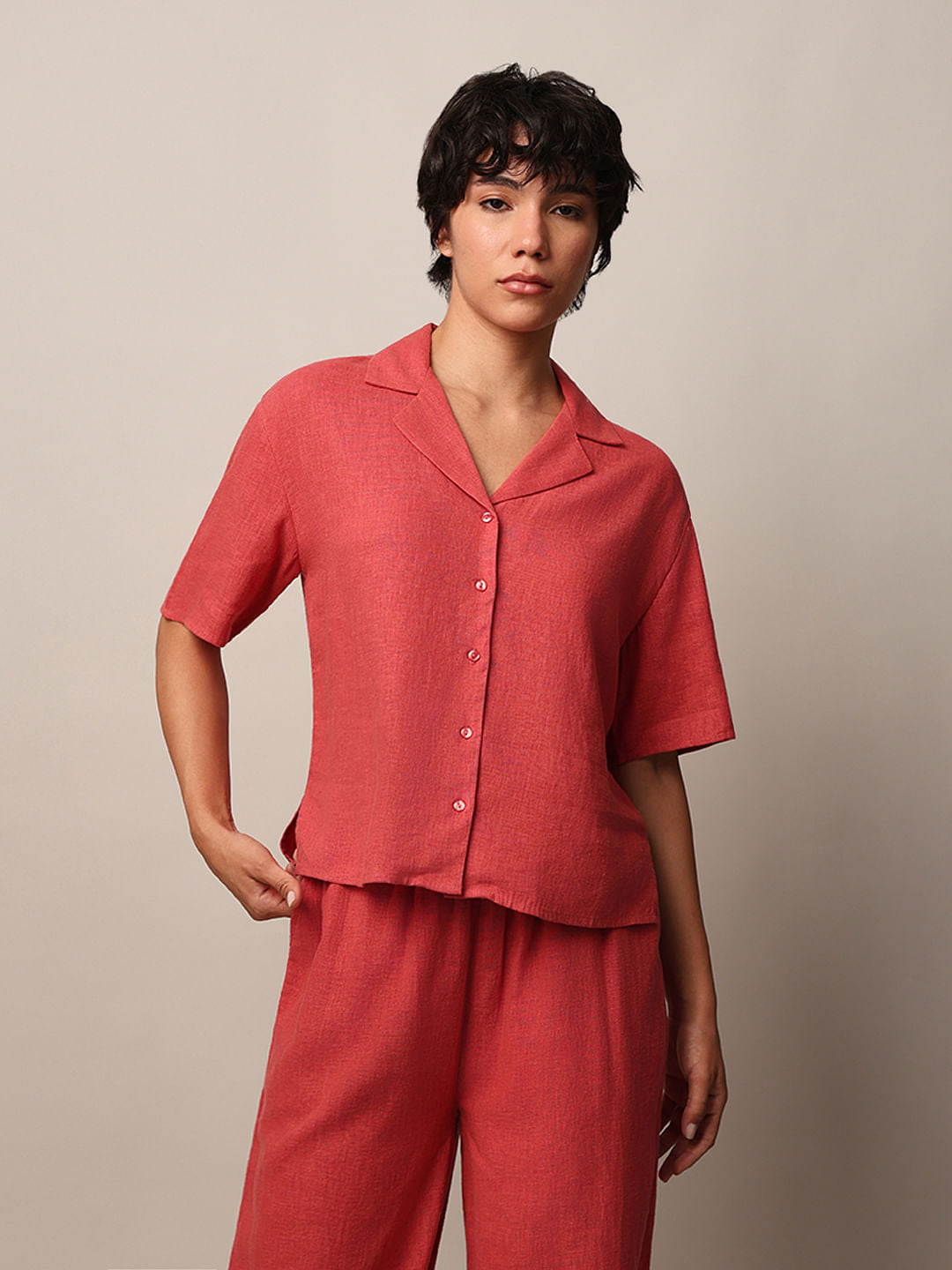 Red Linen Blend Co-Ord Set Shirt