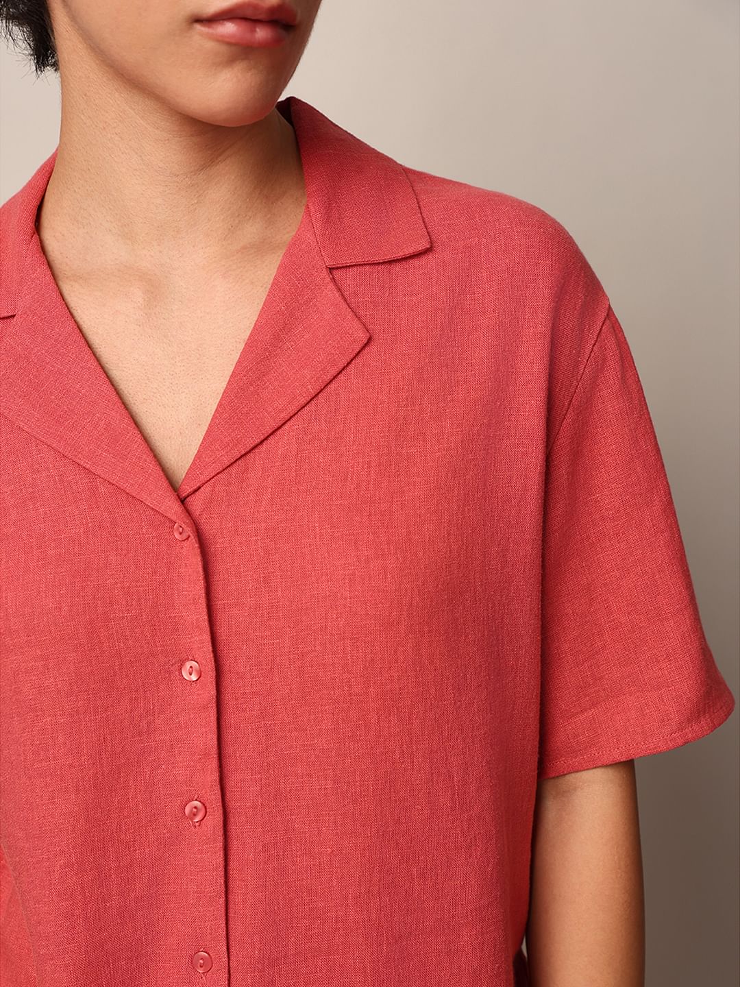 Red Linen Blend Co-Ord Set Shirt