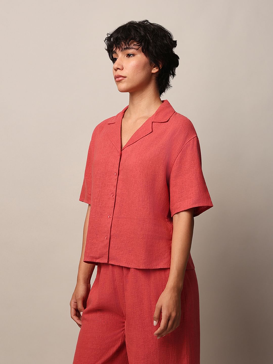 Red Linen Blend Co-Ord Set Shirt