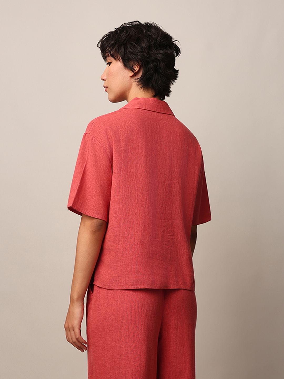 Red Linen Blend Co-Ord Set Shirt
