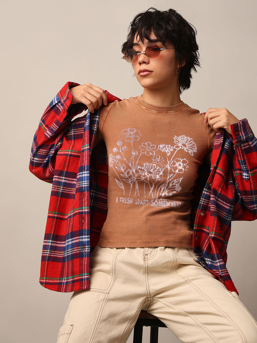 Brown Printed Washed T-Shirt