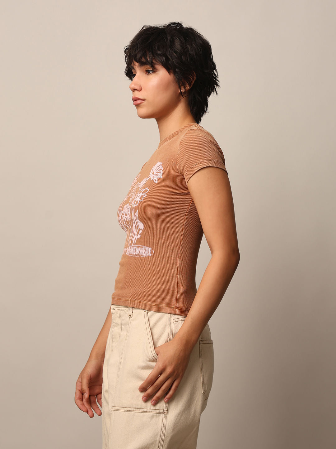 Brown Printed Washed T-Shirt