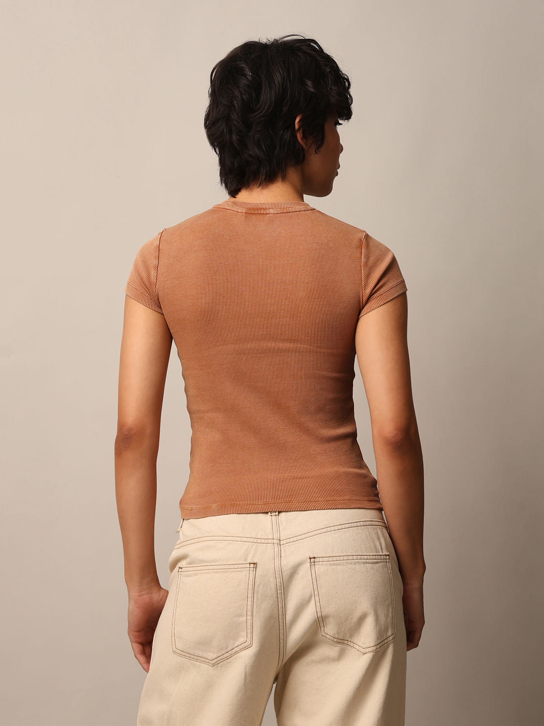 Brown Printed Washed T-Shirt