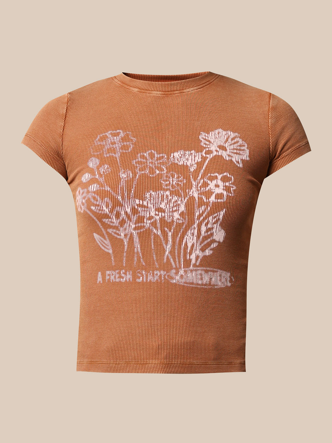 Brown Printed Washed T-Shirt