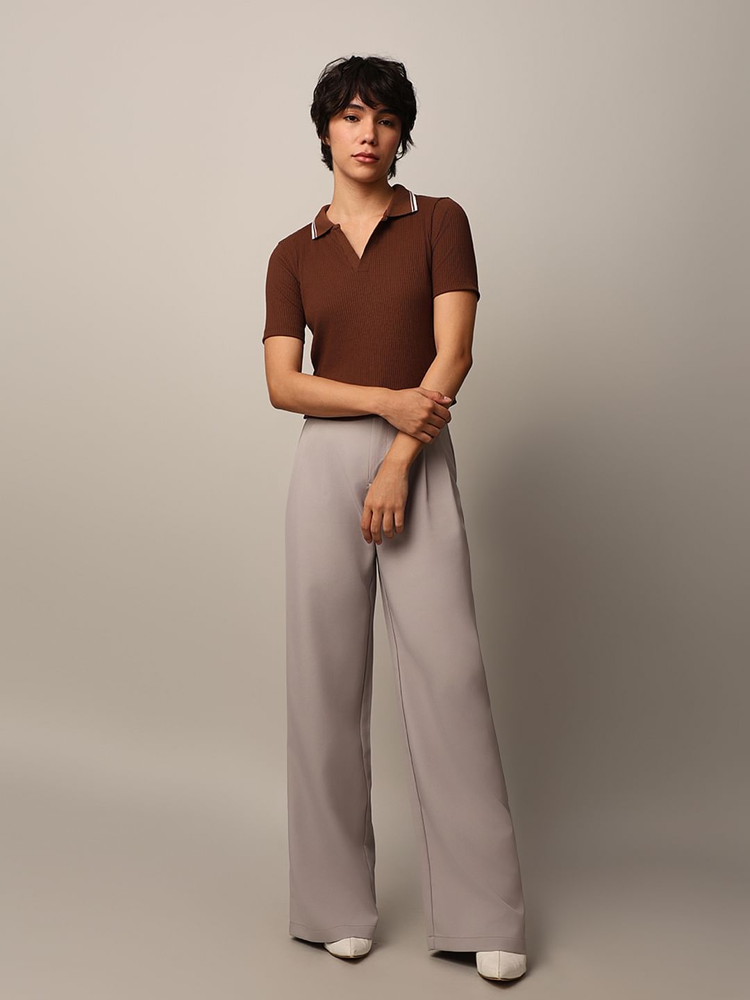 Dark Brown Cropped Ribbed Polo