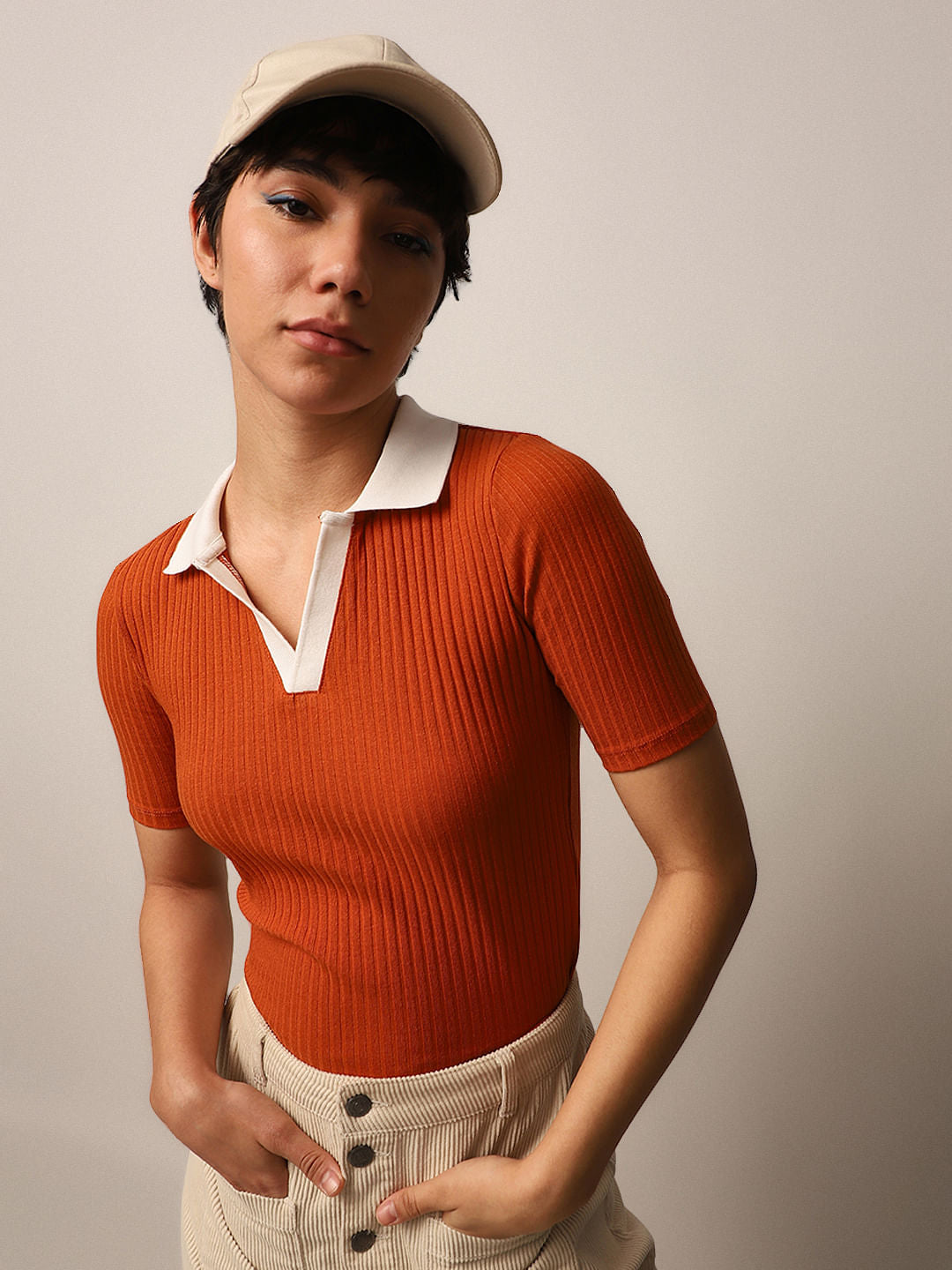 Brown Ribbed Cropped Polo