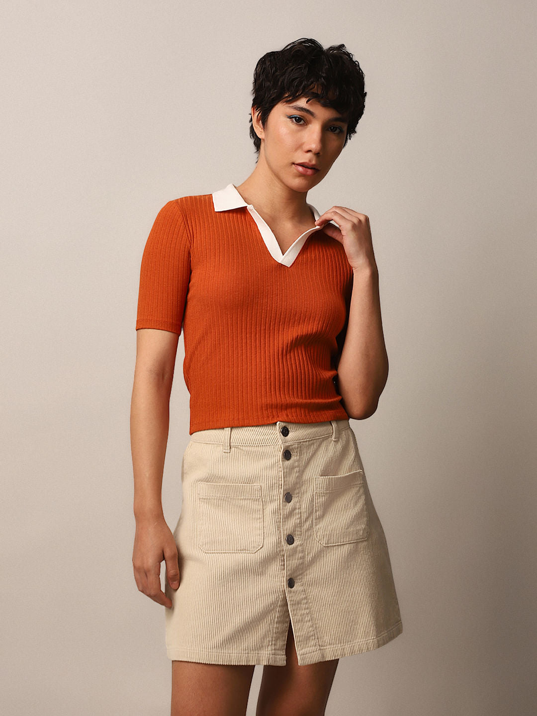 Brown Ribbed Cropped Polo