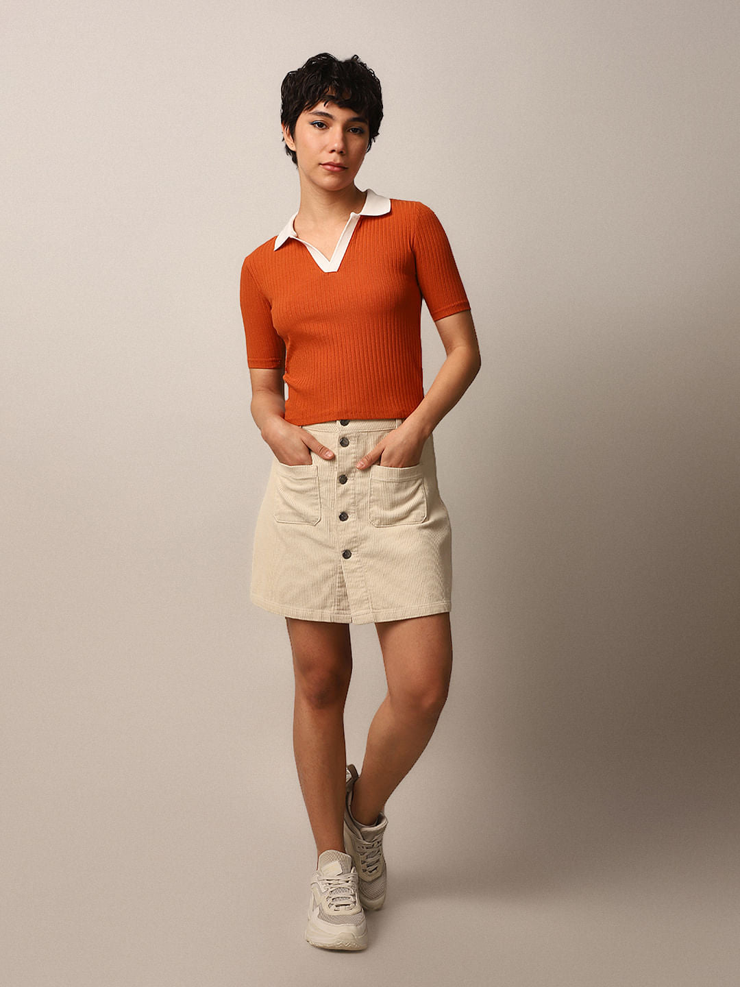 Brown Ribbed Cropped Polo