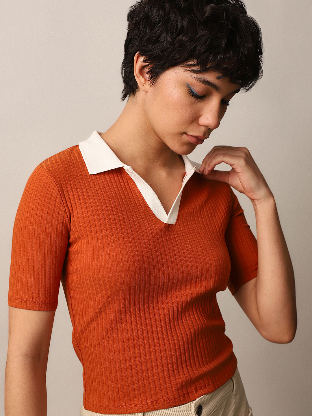Brown Ribbed Cropped Polo