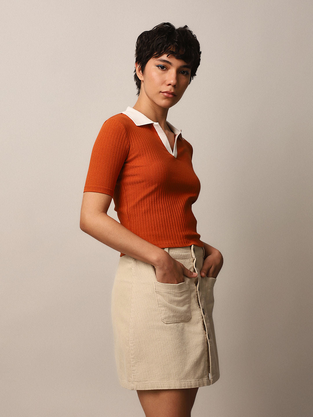 Brown Ribbed Cropped Polo