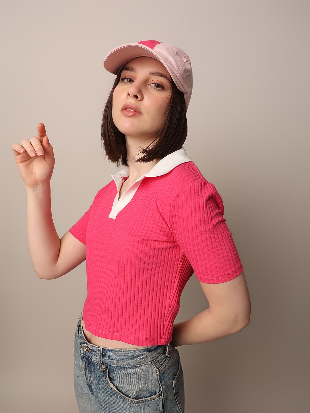Pink Cropped Fitted Polo