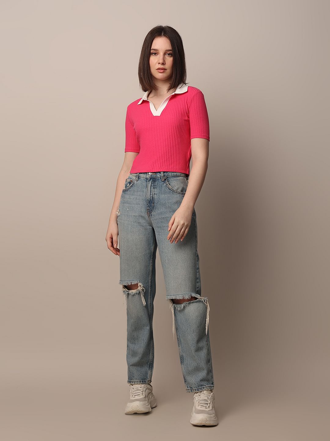 Pink Cropped Fitted Polo