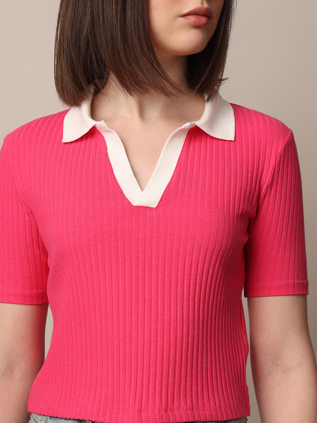Pink Cropped Fitted Polo