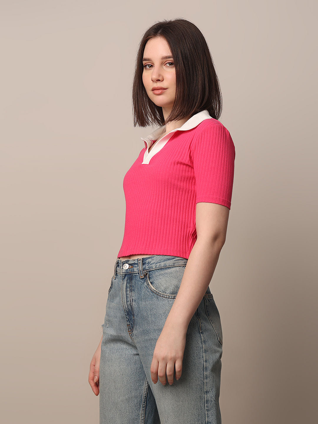 Pink Cropped Fitted Polo