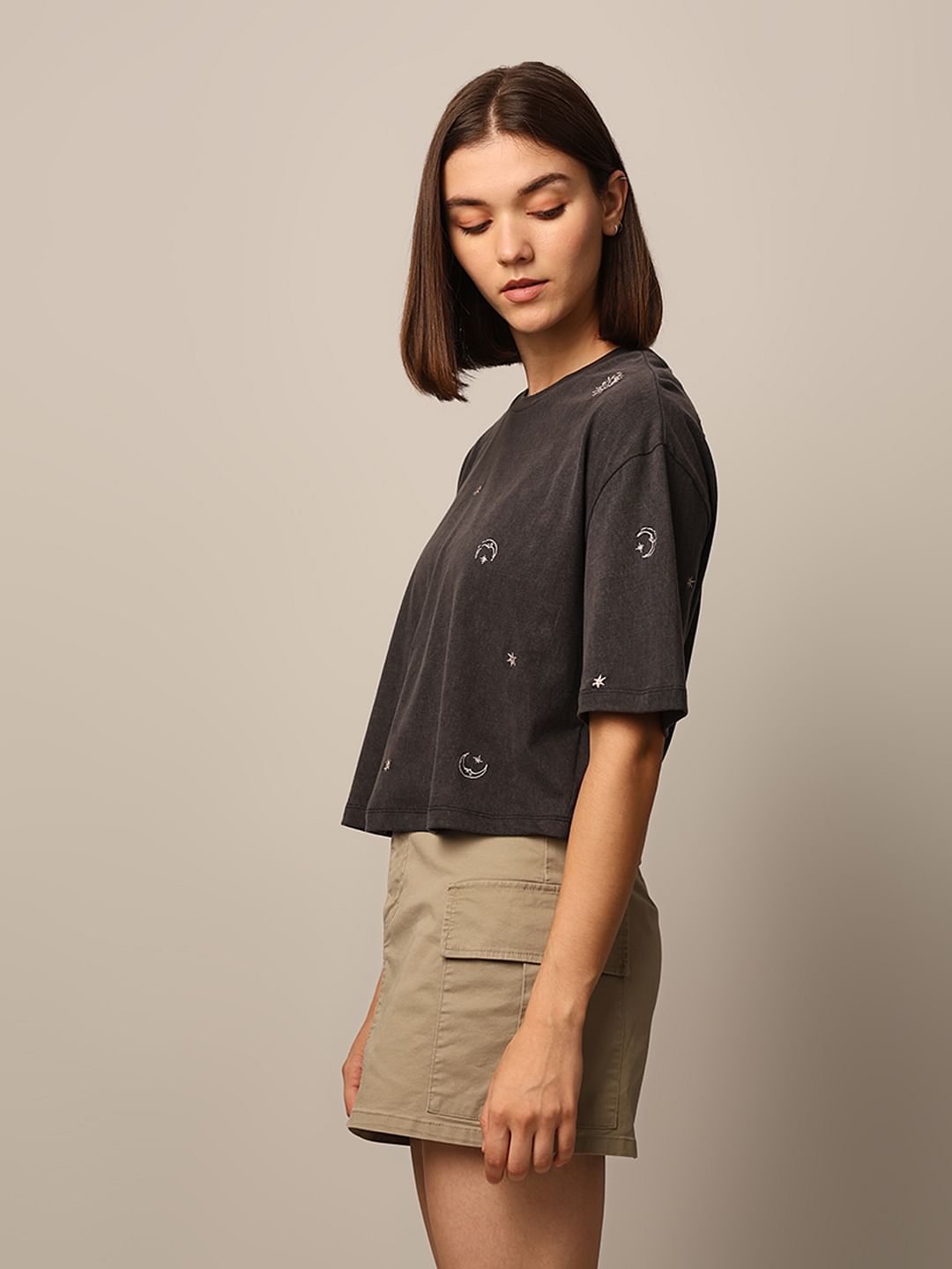 Black Embroidered Boxy Fit T-Shirt