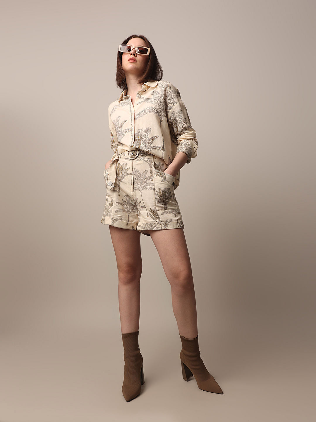 Beige Printed Co-Ord Set Shorts