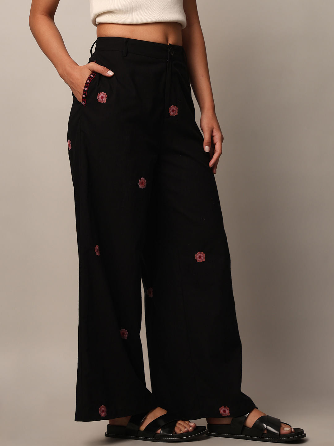 Black Embroidered Co-Ord Set Pants