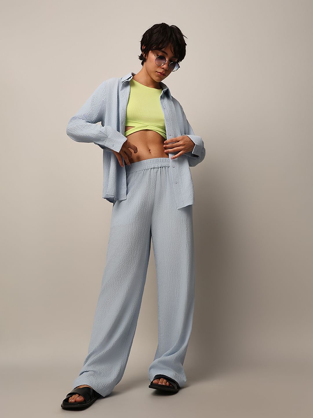 Blue Crinkle Weave Co-Ord Set Pants