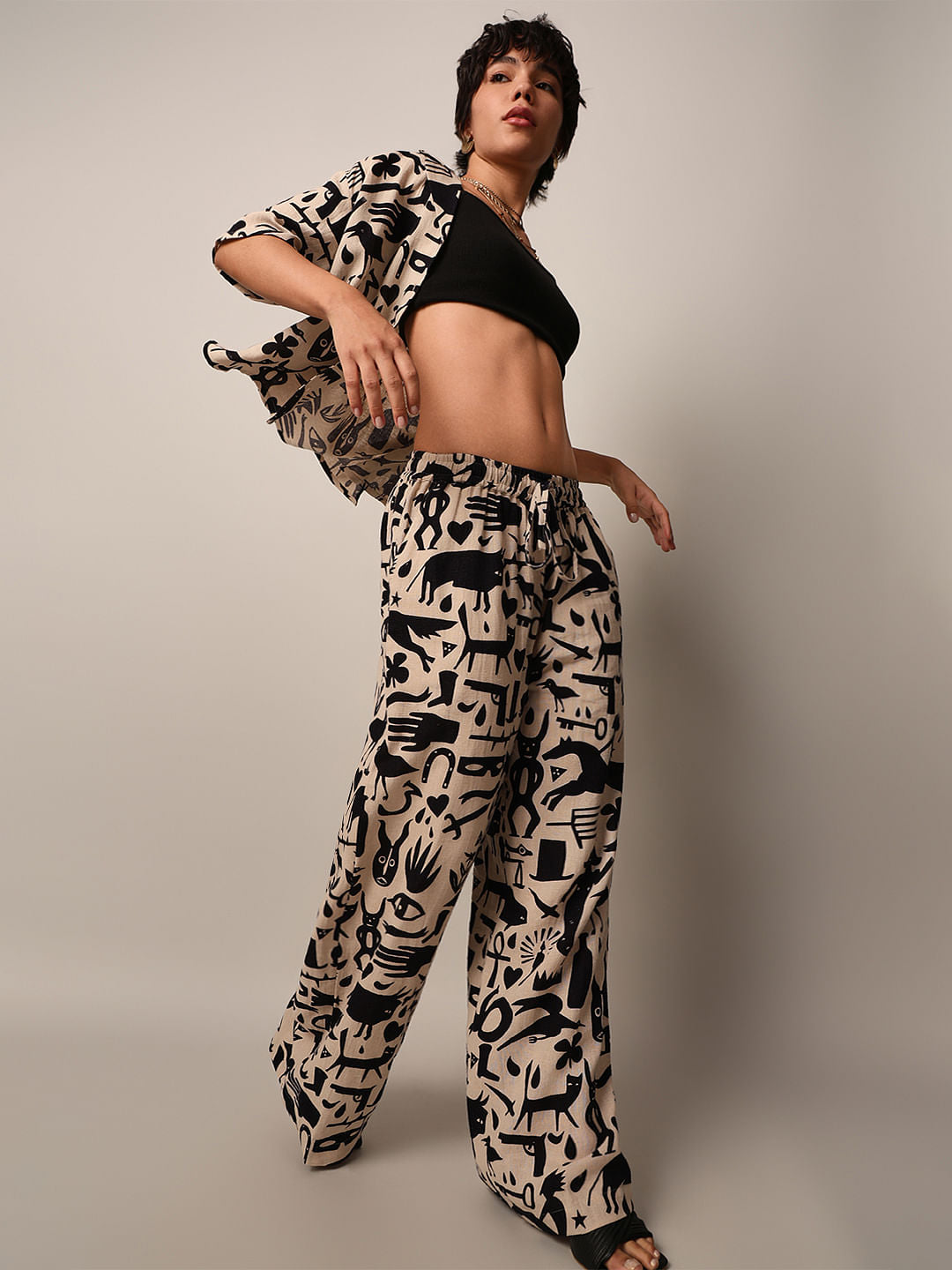 Beige Printed Co-Ord Set Pants