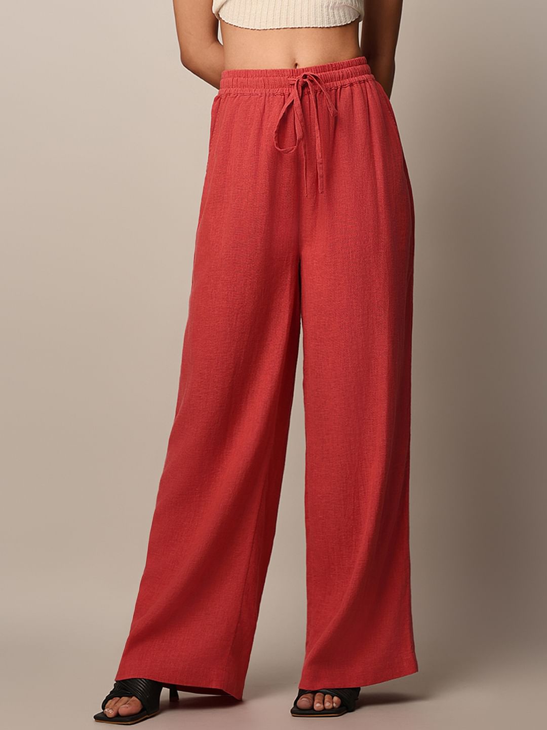 Red Linen Blend Co-Ord Set Pants