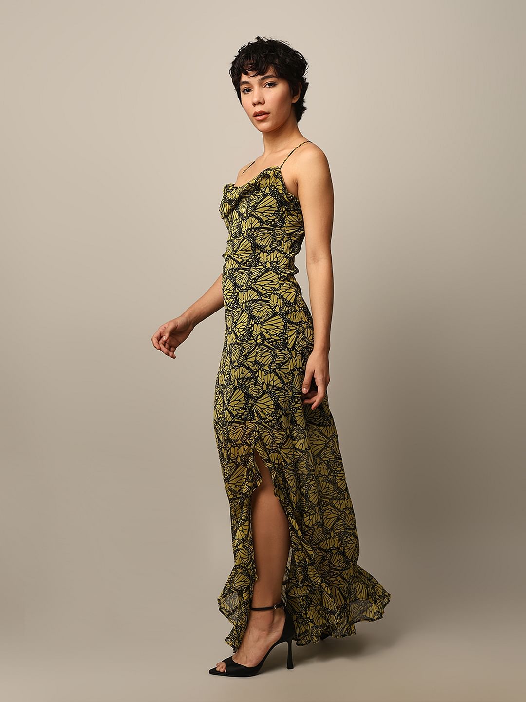 Green Printed Frill Trim Dress