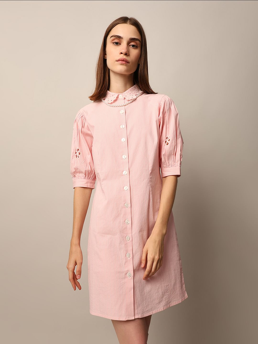 Pink Embroidered Striped Dress