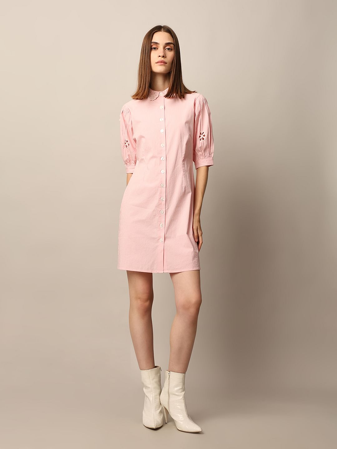 Pink Embroidered Striped Dress