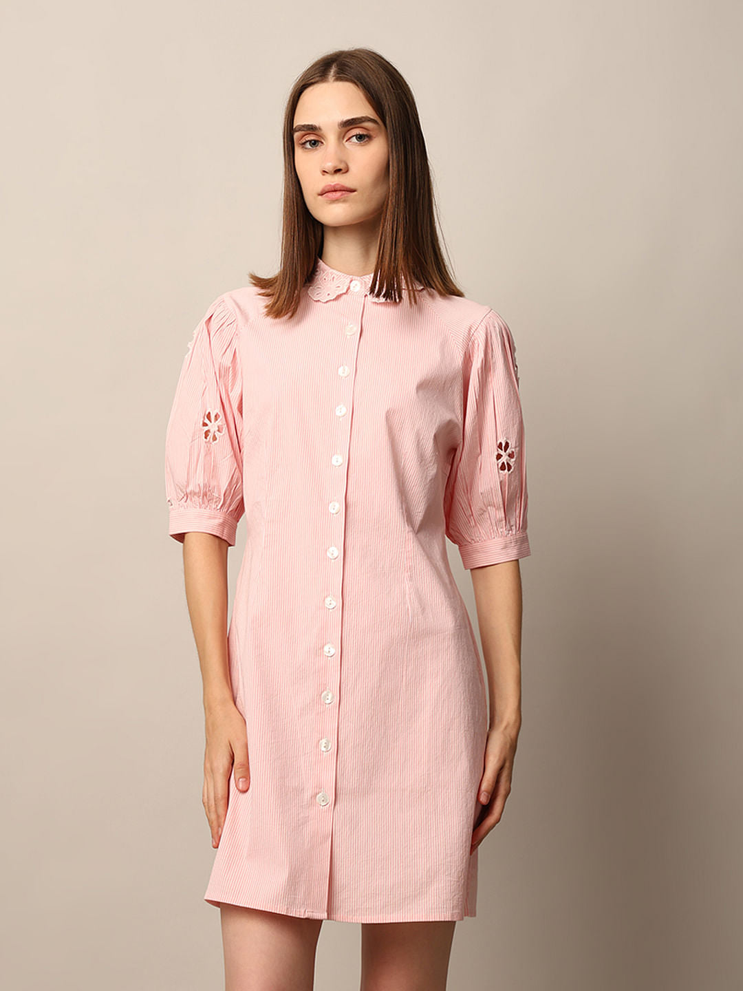 Pink Embroidered Striped Dress