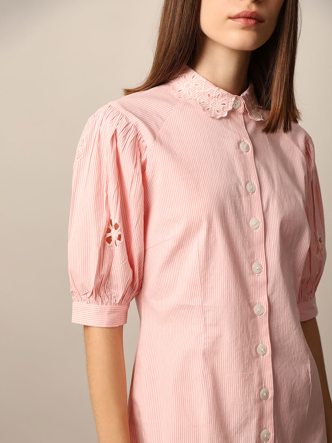 Pink Embroidered Striped Dress