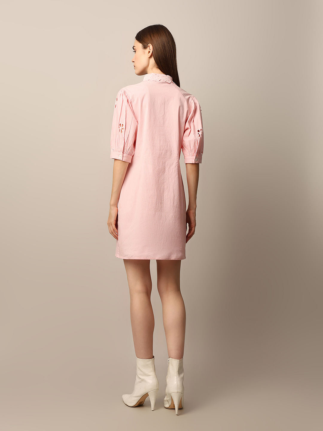 Pink Embroidered Striped Dress