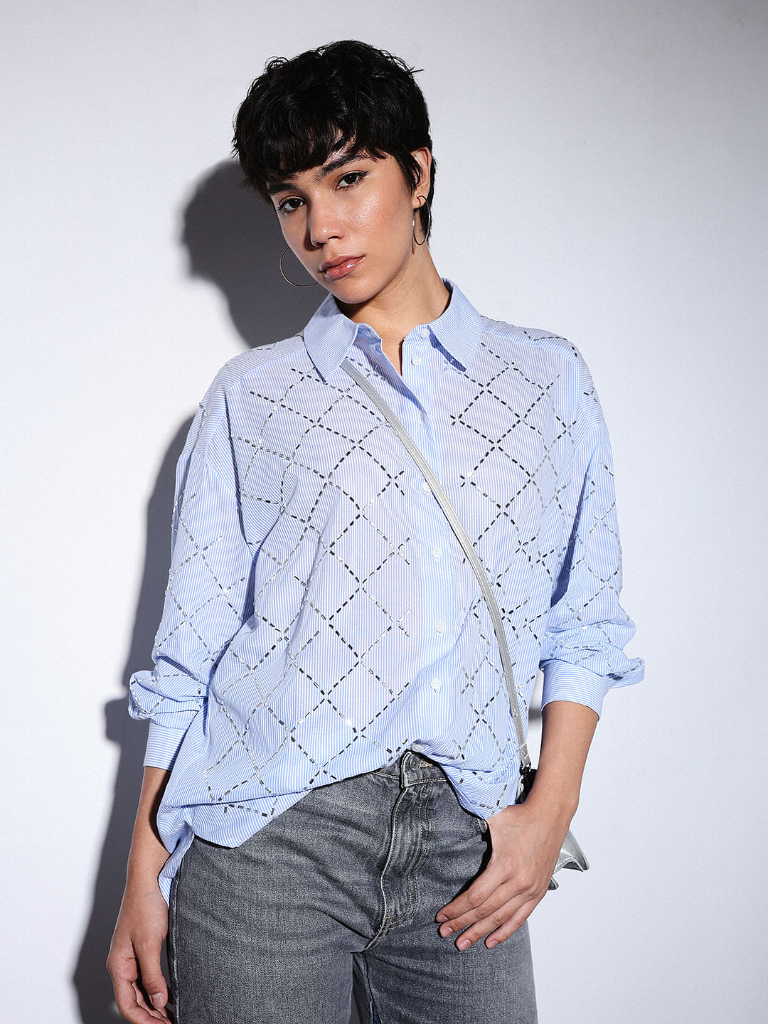 Light Blue Rhinestone Embellished Shirt