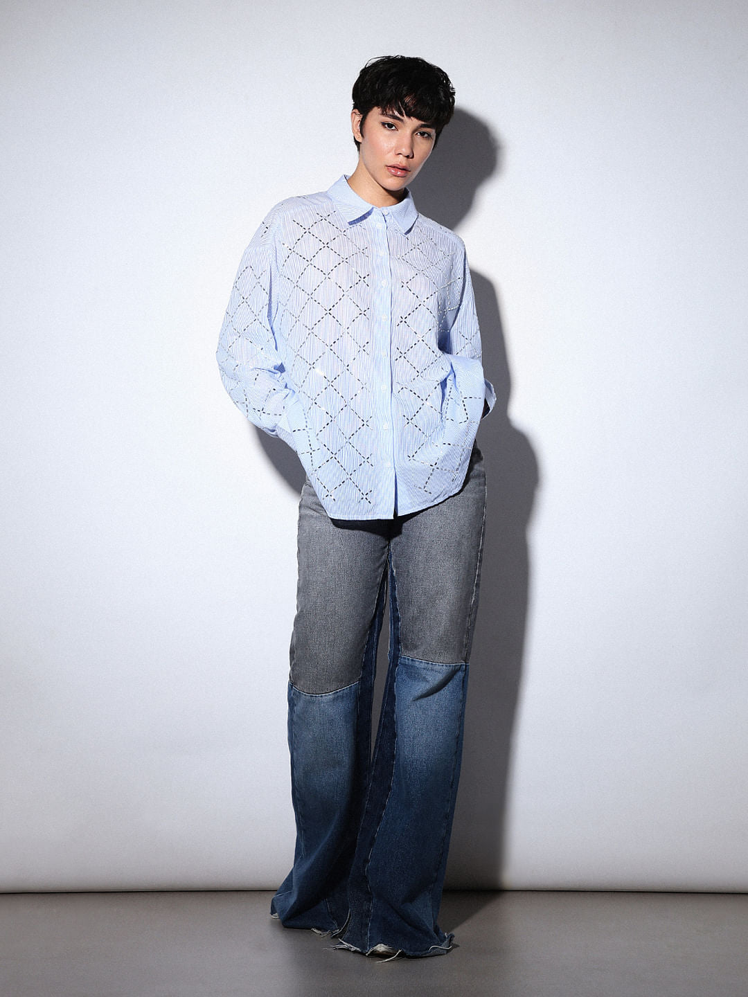 Light Blue Rhinestone Embellished Shirt