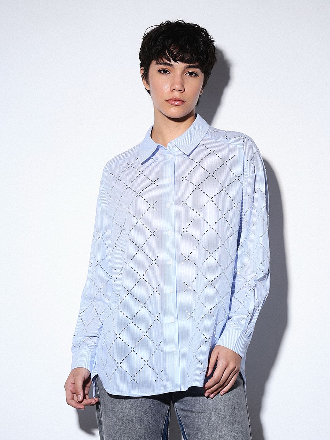 Light Blue Rhinestone Embellished Shirt