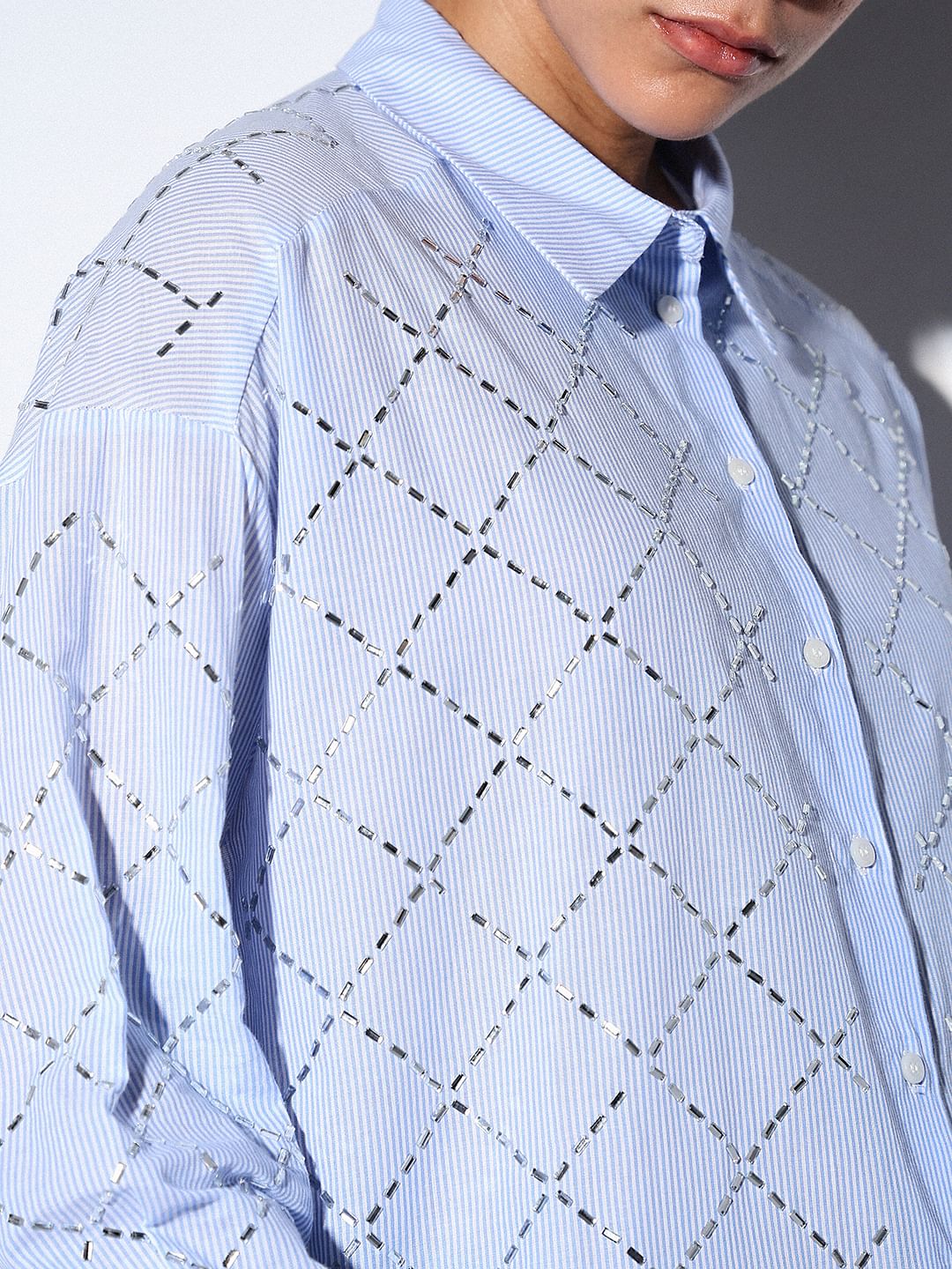 Light Blue Rhinestone Embellished Shirt