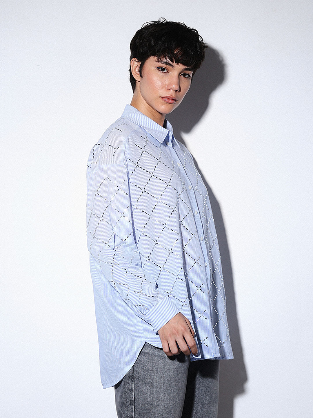 Light Blue Rhinestone Embellished Shirt