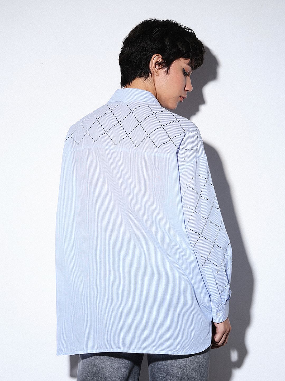 Light Blue Rhinestone Embellished Shirt