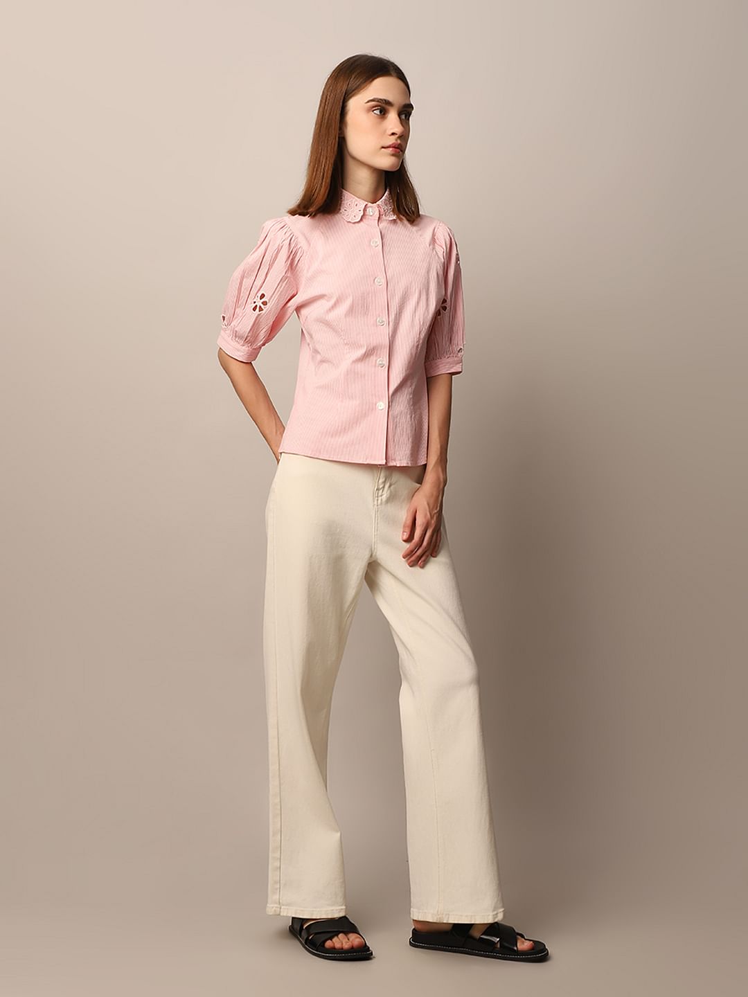 Pink Embroidered Striped Shirt