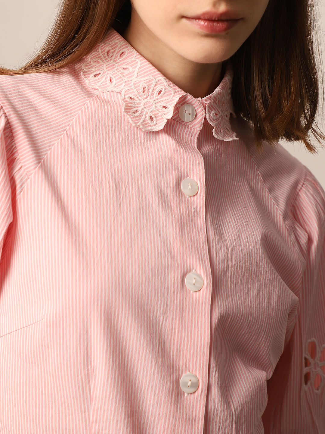 Pink Embroidered Striped Shirt