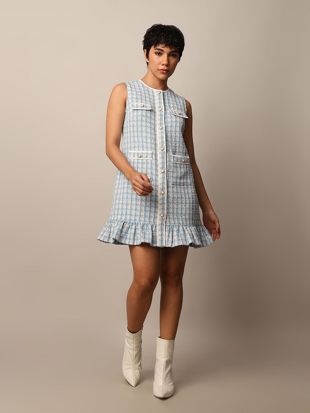 White Sleeveless Tweed Short Dress