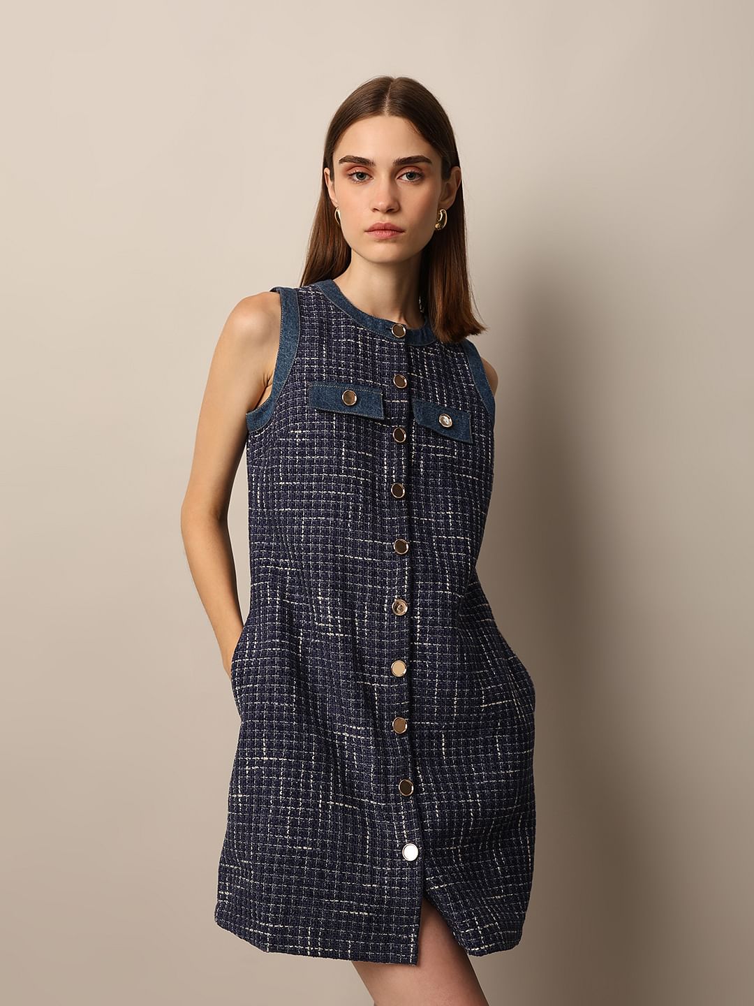 Blue Sleeveless Tweed Dress