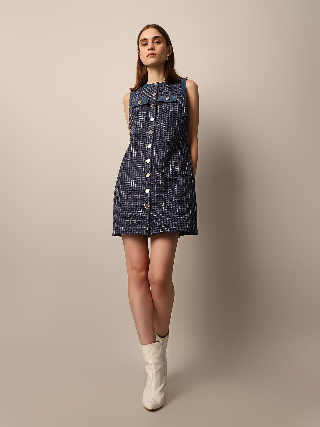 Blue Sleeveless Tweed Dress