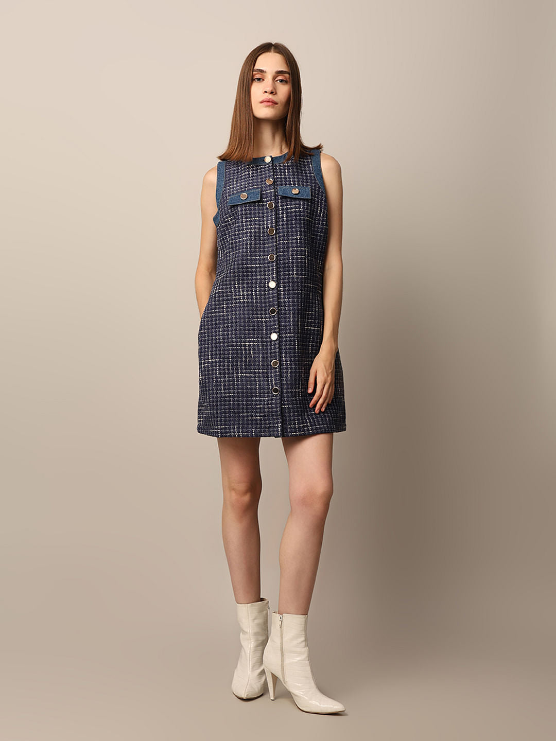 Blue Sleeveless Tweed Dress