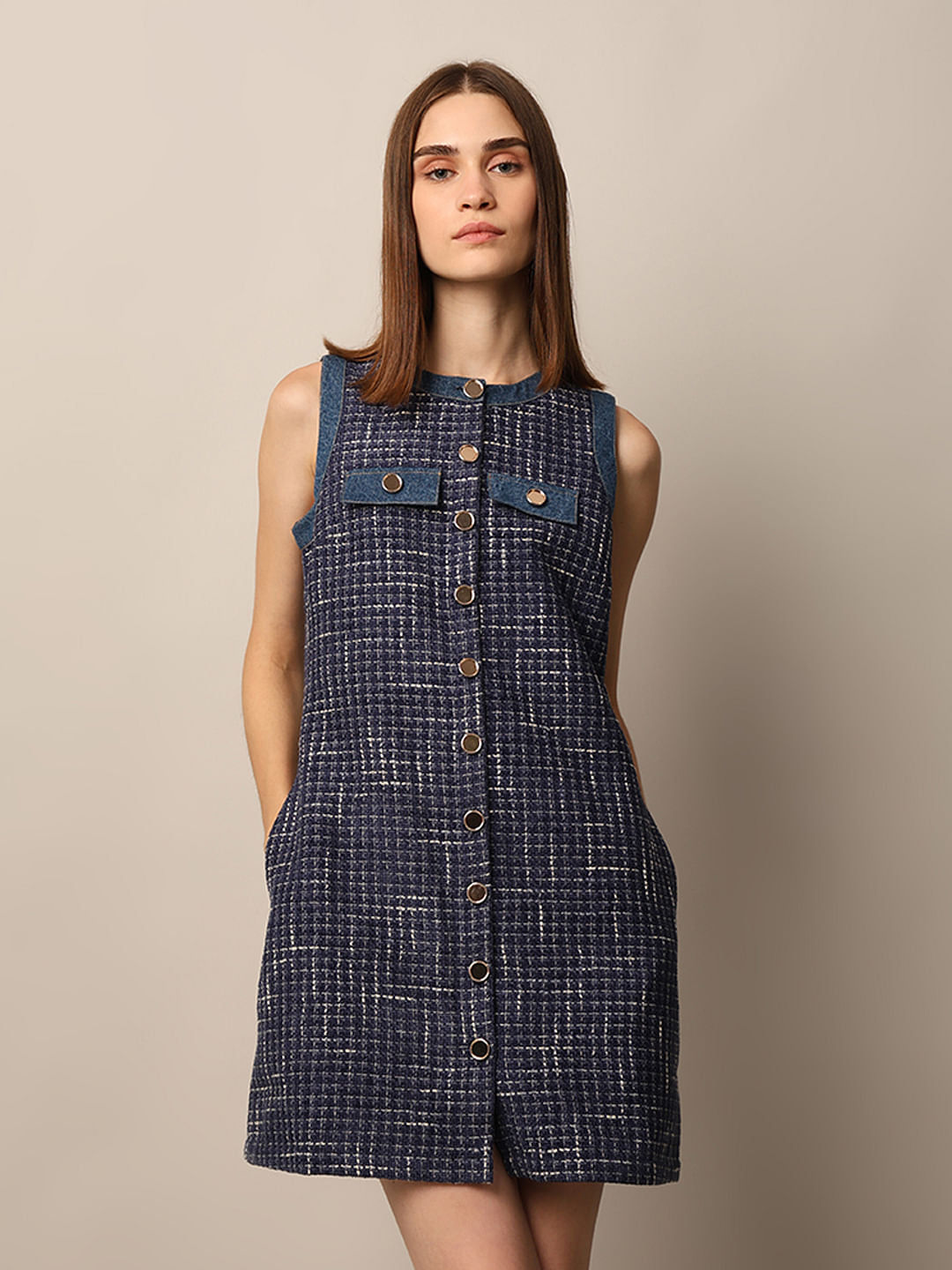 Blue Sleeveless Tweed Dress