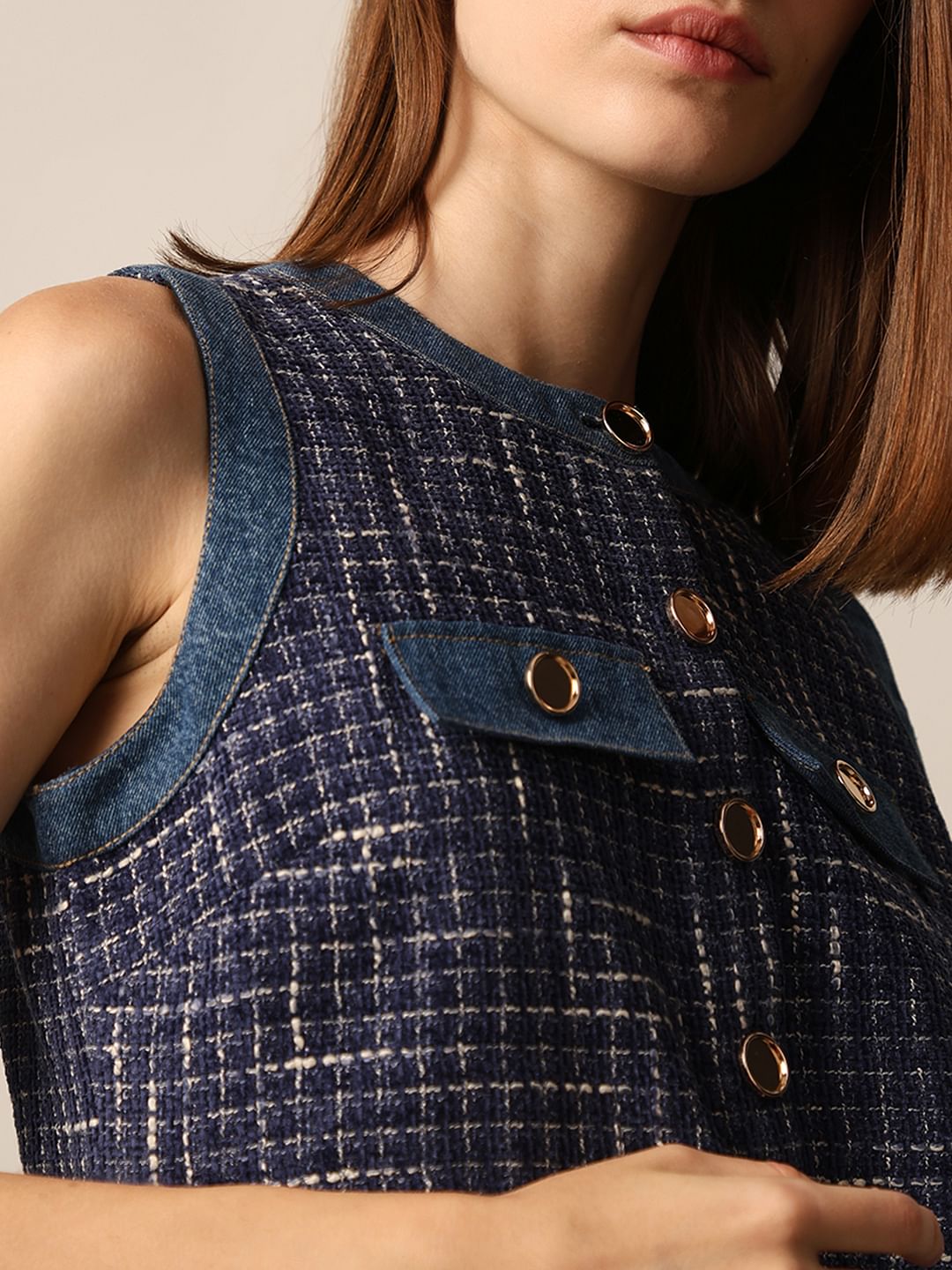 Blue Sleeveless Tweed Dress