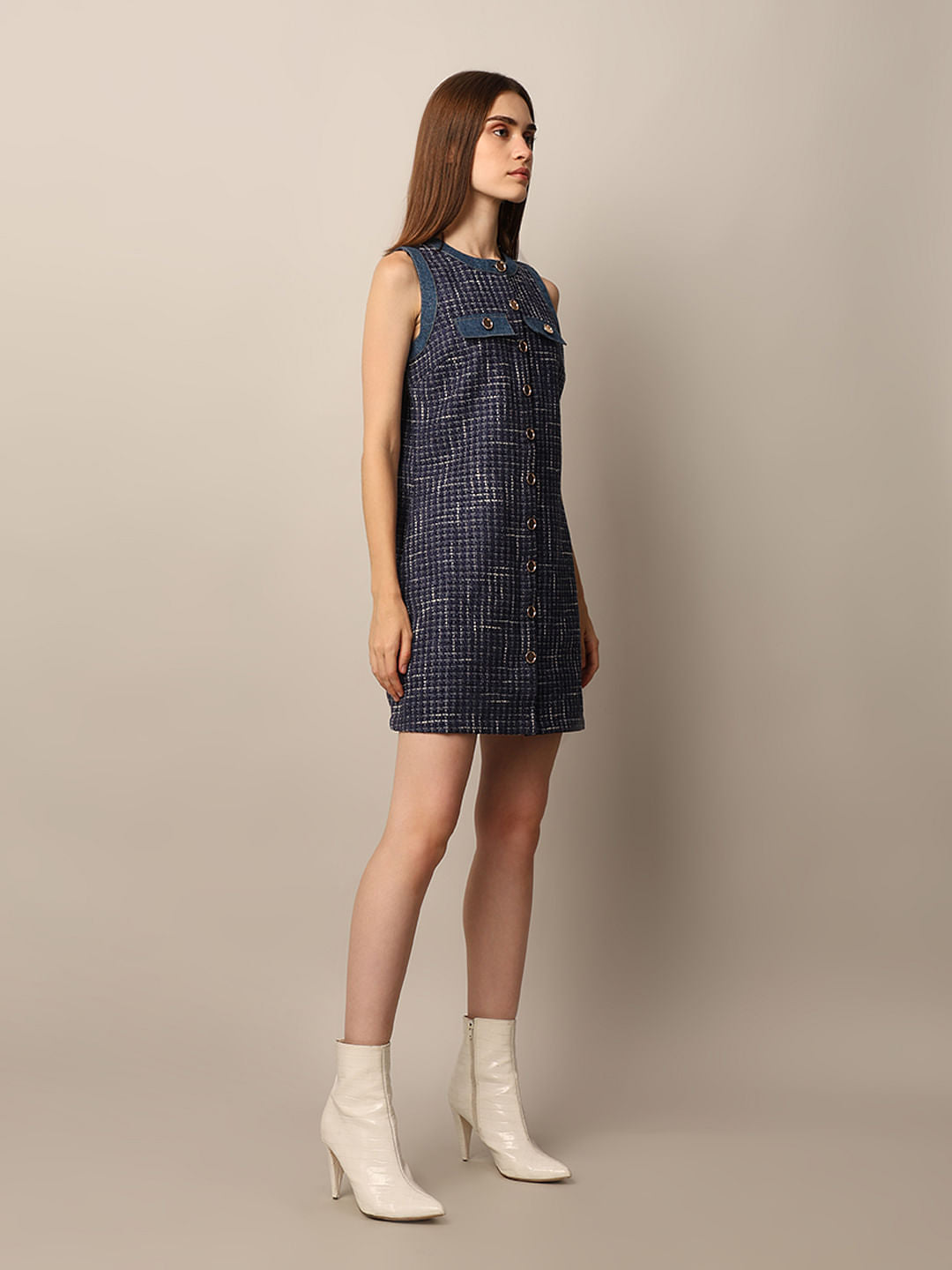 Blue Sleeveless Tweed Dress