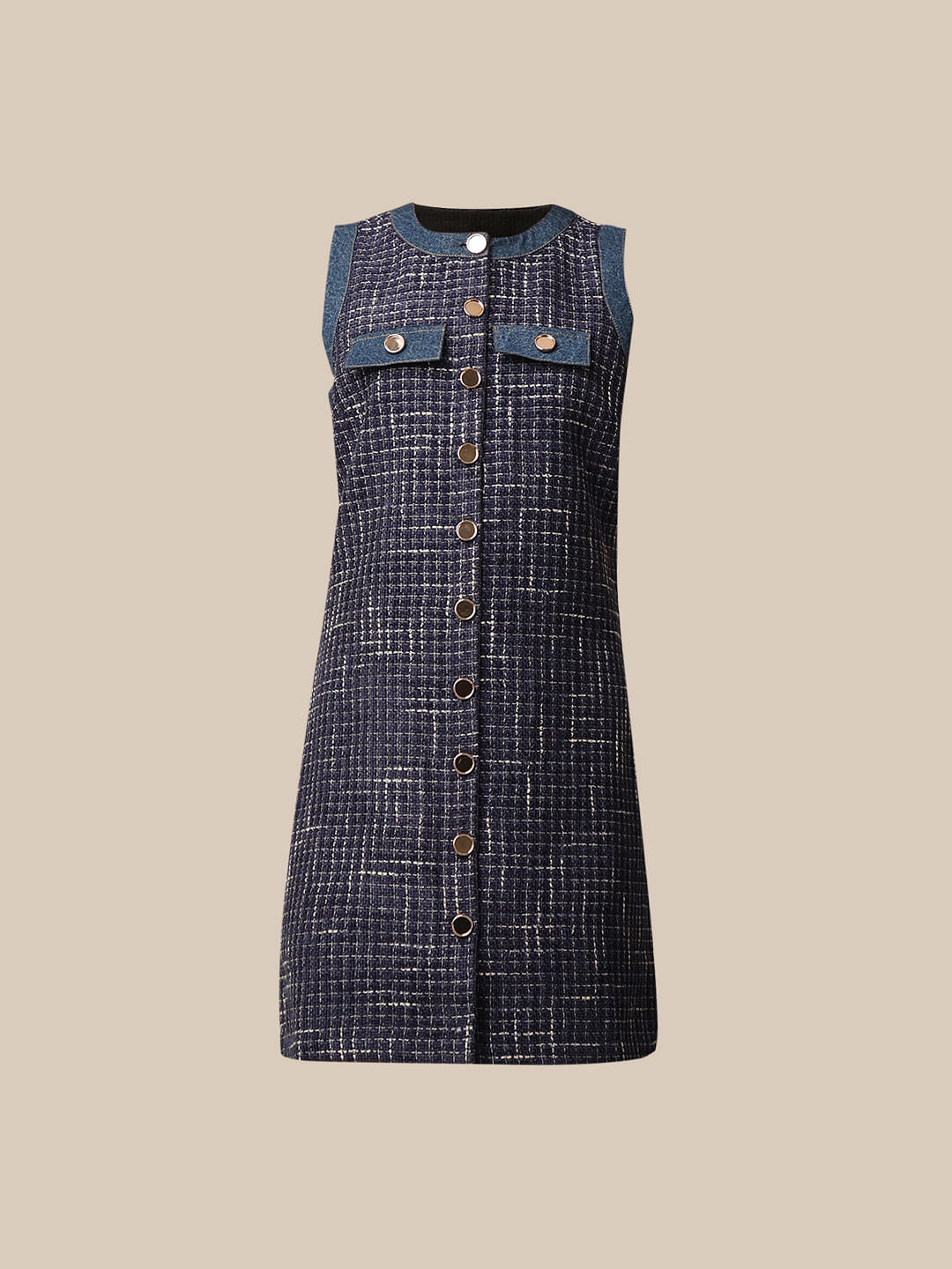 Blue Sleeveless Tweed Dress