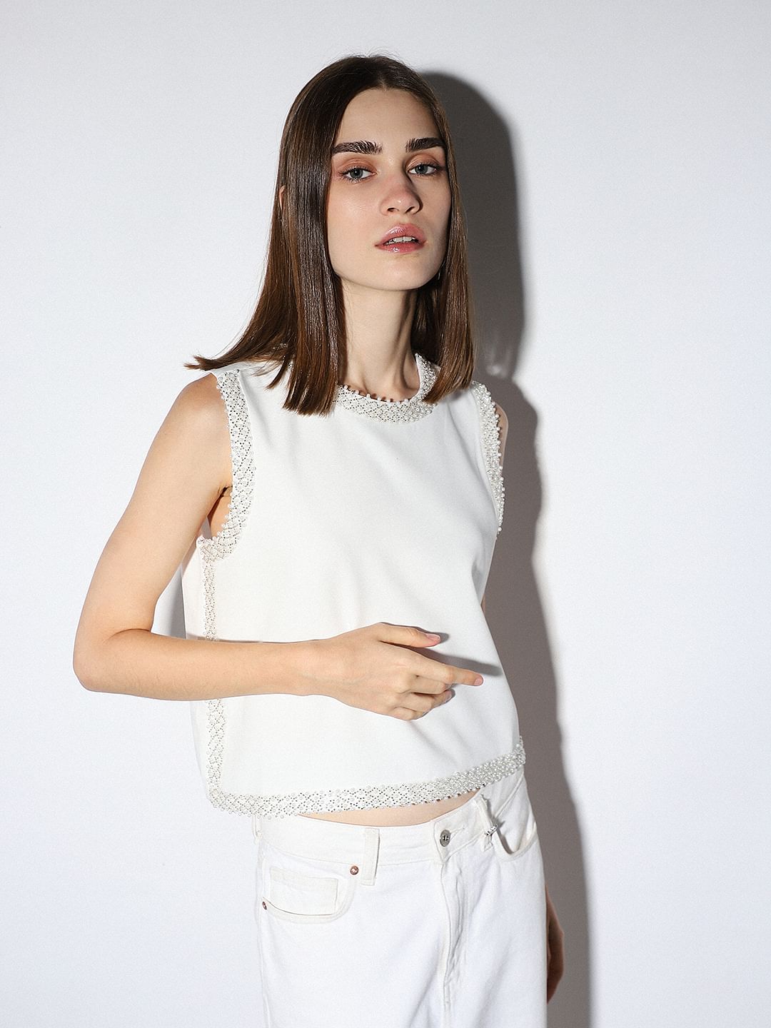 White Bead Embellished Top